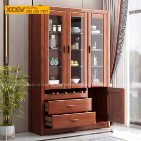Tủ Trưng Bày Rượu Phòng Khách Gỗ Cao Su Hiện Đại 3 Cánh Kính